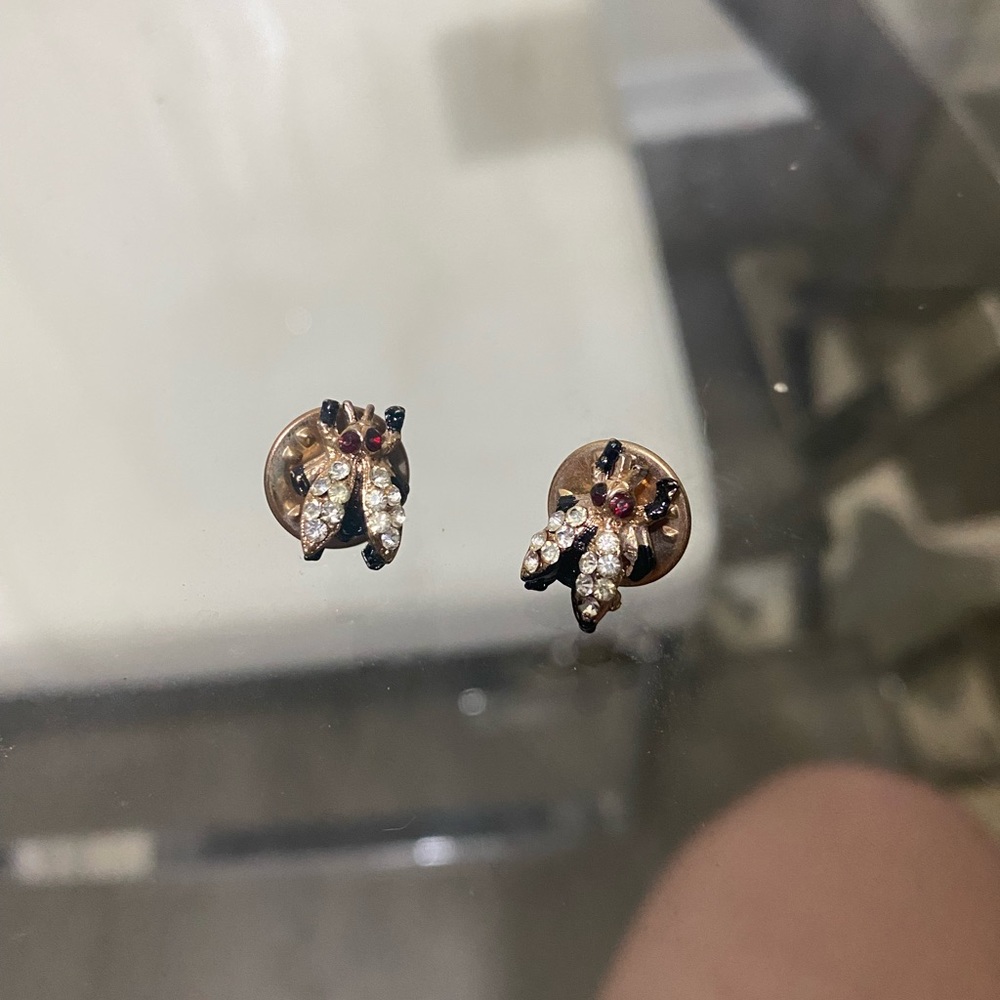 Pair Vtg Ballou lapel pin or tie tack rhinestone bug